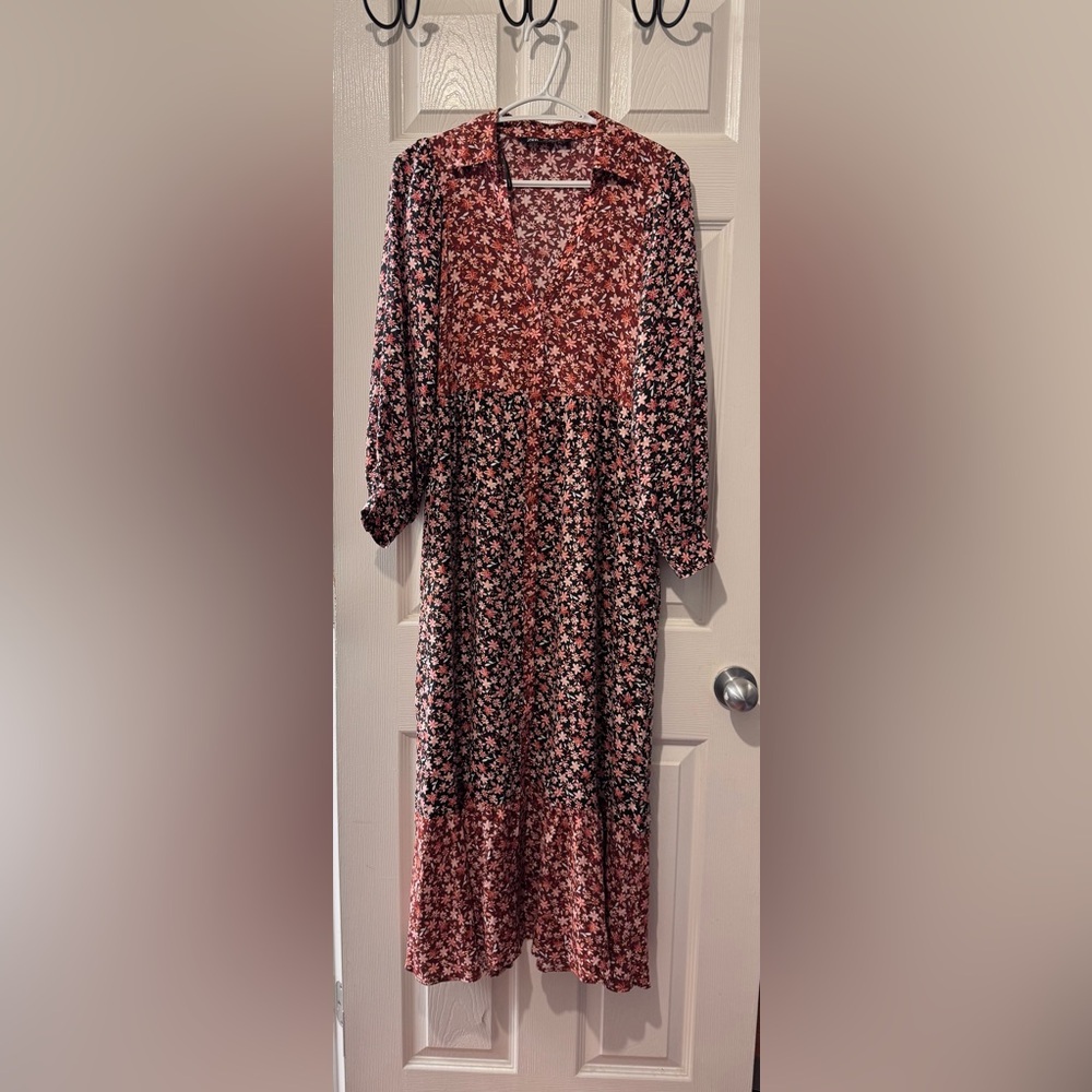 Zara Black and Pink Floral Long Sleeve Midi Dress